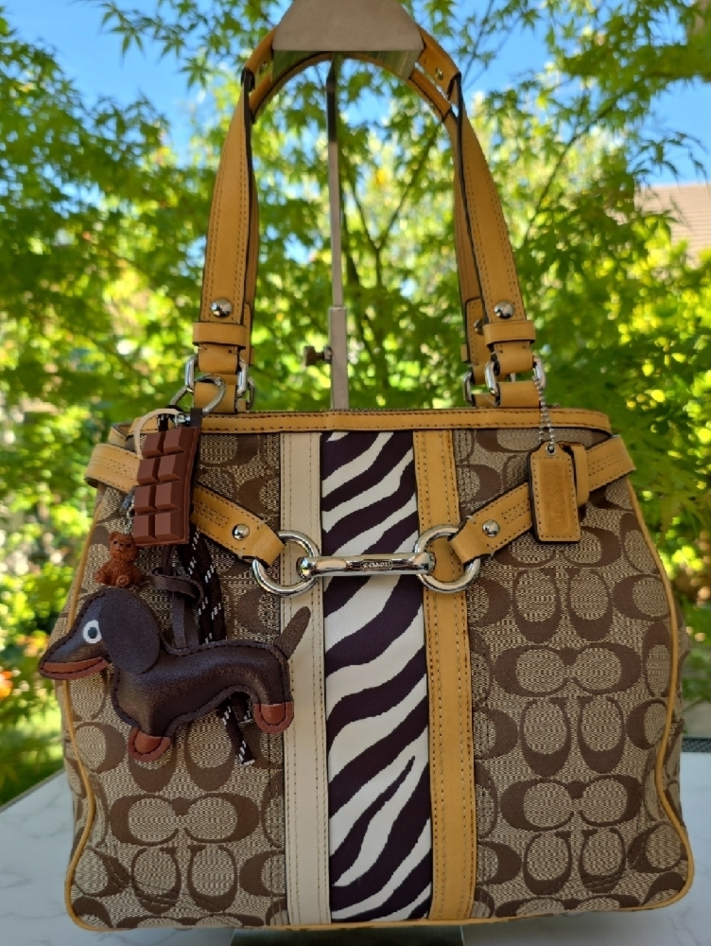 Coach Y2K Nancy Brown Signature Canvas Leather Shoulder Tote Bag Zebra Stripe